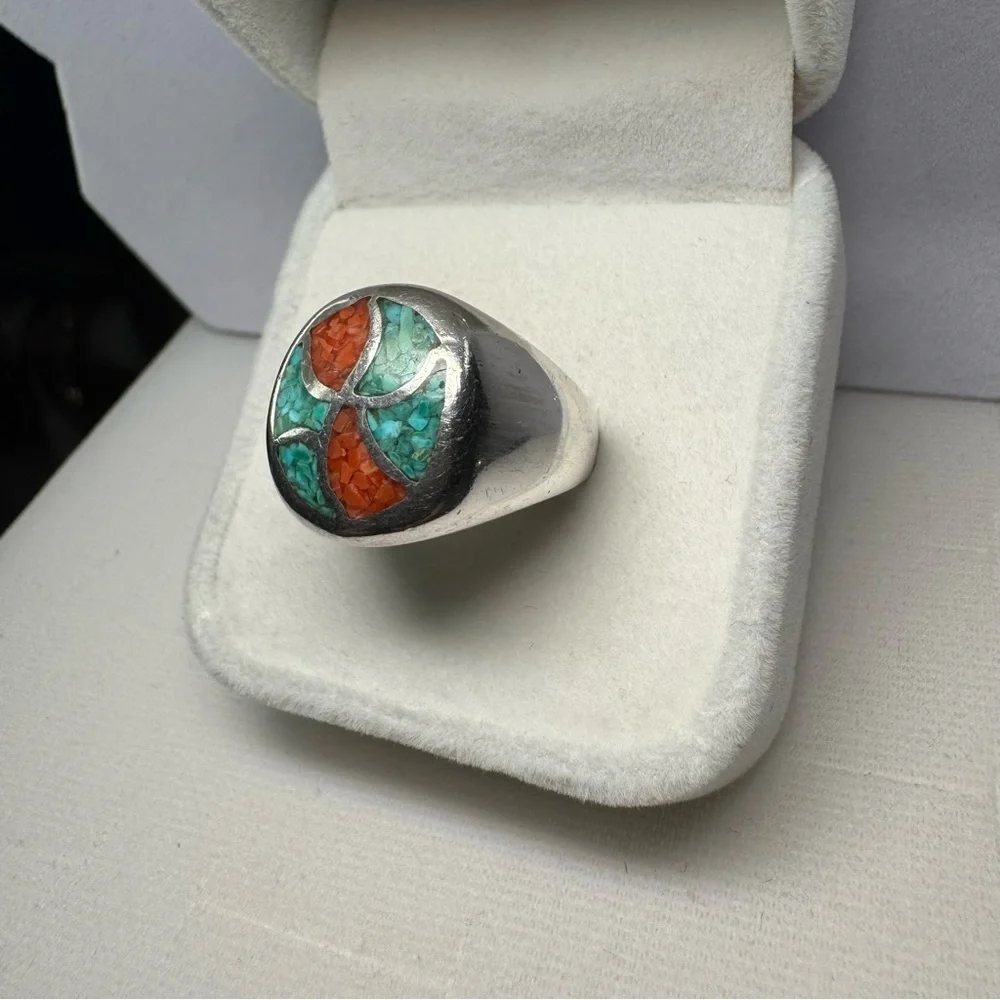 SIGNED CJ Vintage Navajo Turquoise Coral Inlay 925 Sterling Silver Ring Sz 9.75